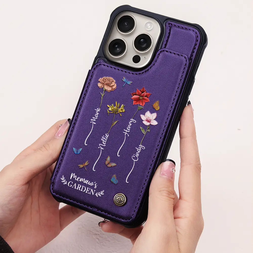 Birth Flower Grandma's Garden - Personalized Leather Flip Wallet Phone Case - Image 2
