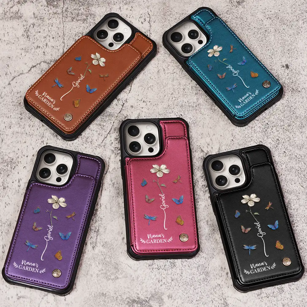Birth Flower Grandma's Garden - Personalized Leather Flip Wallet Phone Case - Image 3