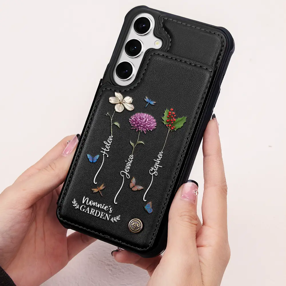 Birth Flower Grandma's Garden - Personalized Leather Flip Wallet Phone Case - Image 2