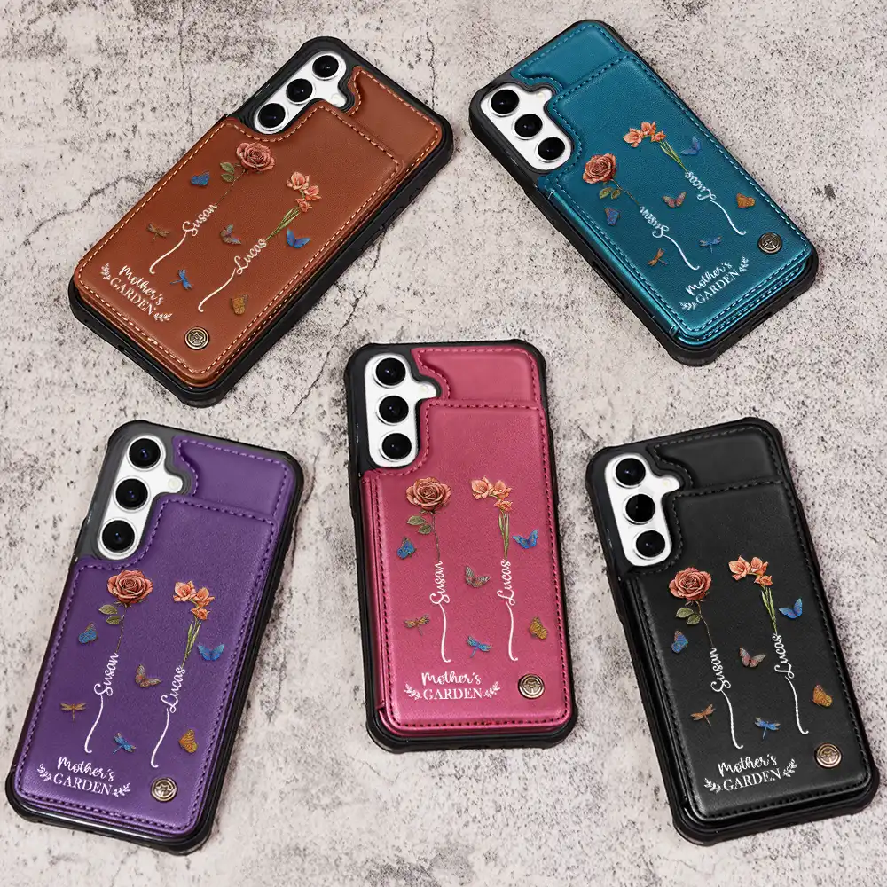 Birth Flower Grandma's Garden - Personalized Leather Flip Wallet Phone Case - Image 3