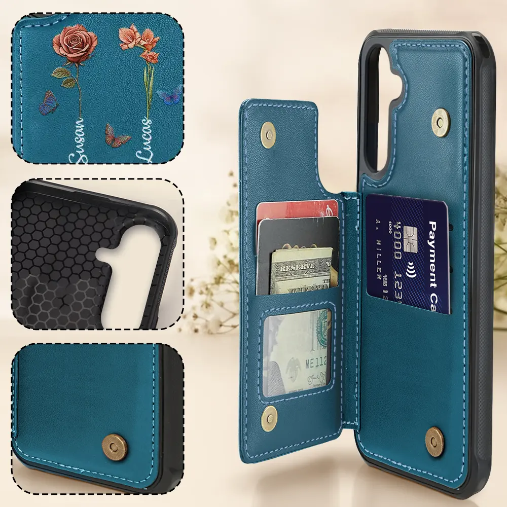 Birth Flower Grandma's Garden - Personalized Leather Flip Wallet Phone Case - Image 4