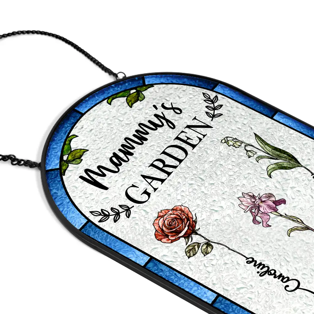 Birth Flower Grandma's Garden - Personalized Rounded Rectangle Stained Glass Suncatcher - Image 2
