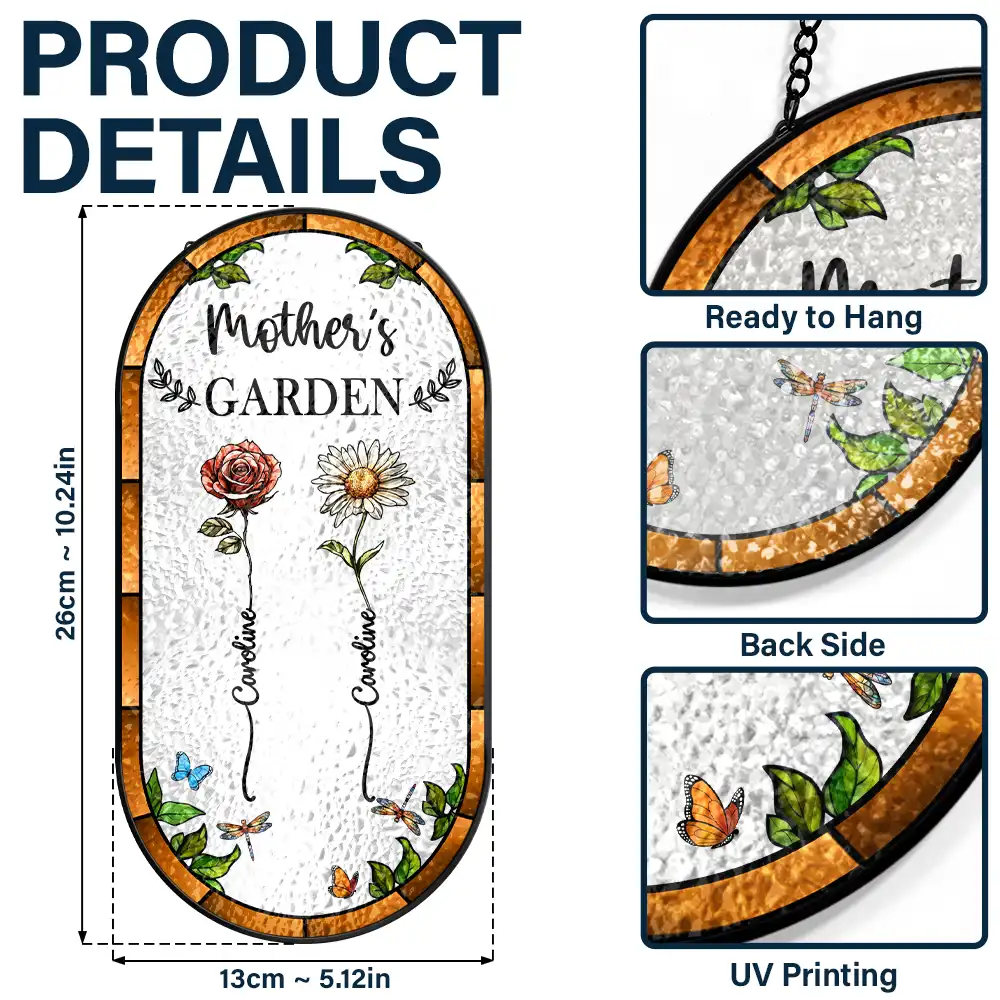 Birth Flower Grandma's Garden - Personalized Rounded Rectangle Stained Glass Suncatcher - Image 3
