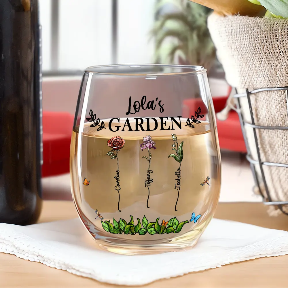 Birth Flower Grandma's Garden - Personalized Stemless Wine Glass - Image 2