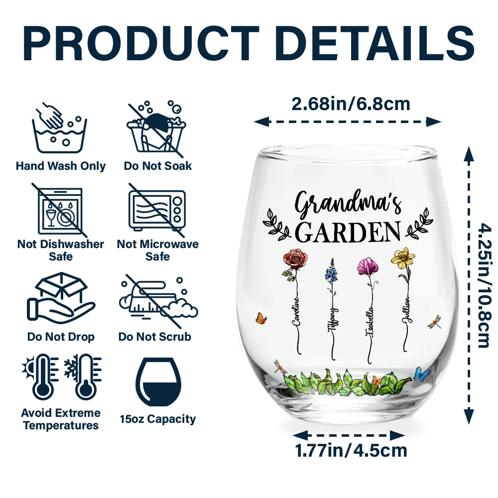 Birth Flower Grandma's Garden - Personalized Stemless Wine Glass - Image 5
