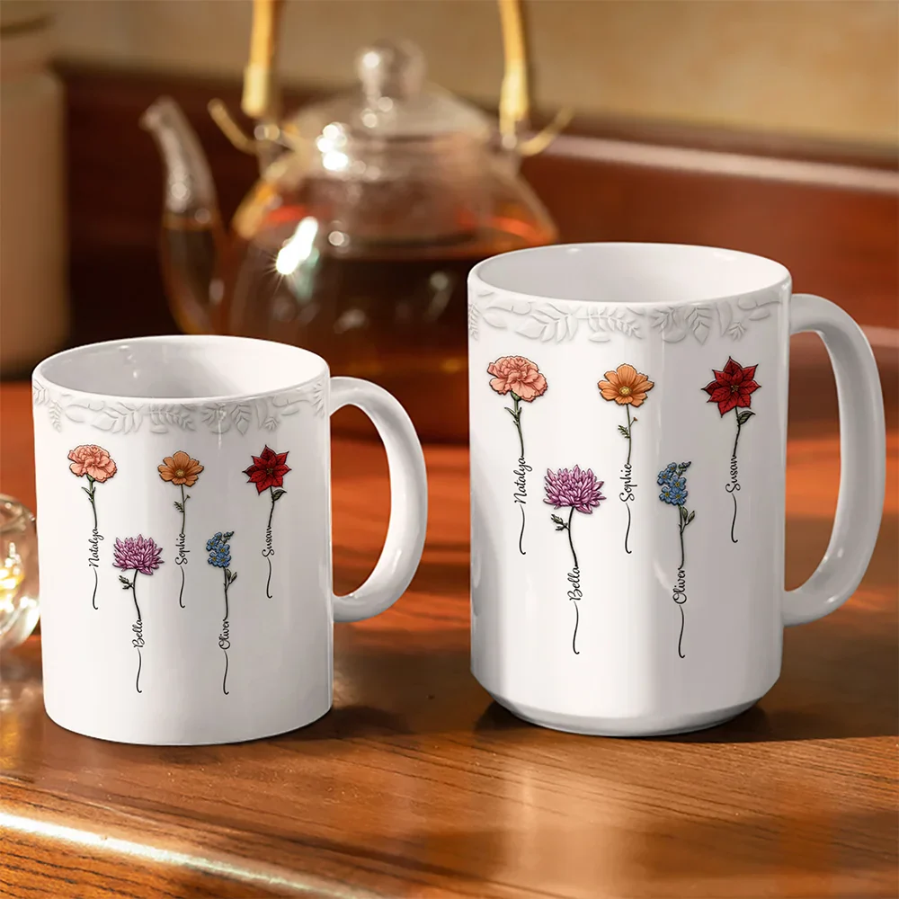 Birth Flower Grow An Old Friend - 3D Embossed Effect Printed Mug, Personalized White Edge-to-Edge Mug - Image 3