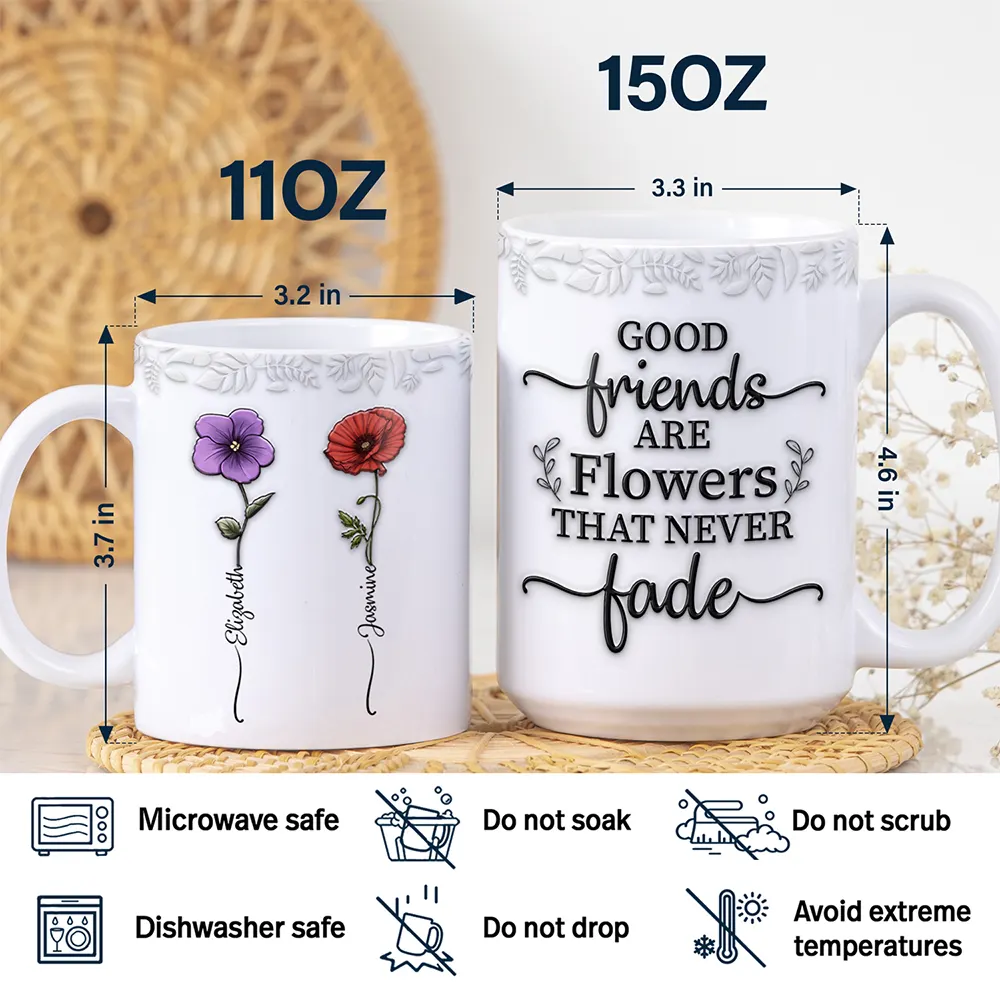 Birth Flower Grow An Old Friend - 3D Embossed Effect Printed Mug, Personalized White Edge-to-Edge Mug - Image 5