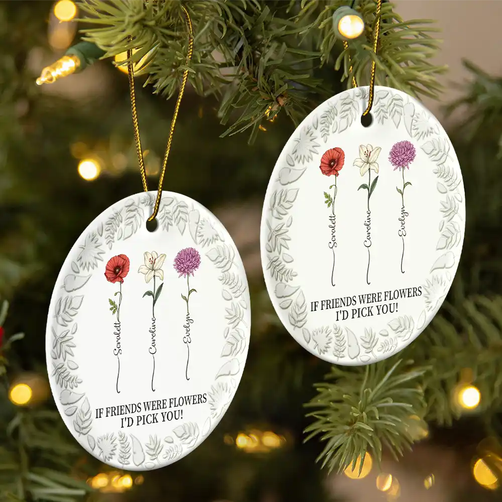 Birth Flower Grow An Old Friend - 3D Embossed Effect Printed Ornament, Personalized Circle Ceramic Ornament - Image 2