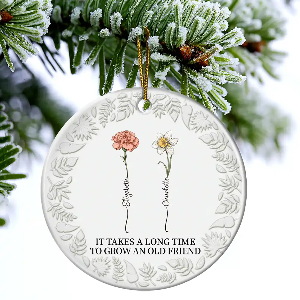 Birth Flower Grow An Old Friend - 3D Embossed Effect Printed Ornament, Personalized Circle Ceramic Ornament - Image 4