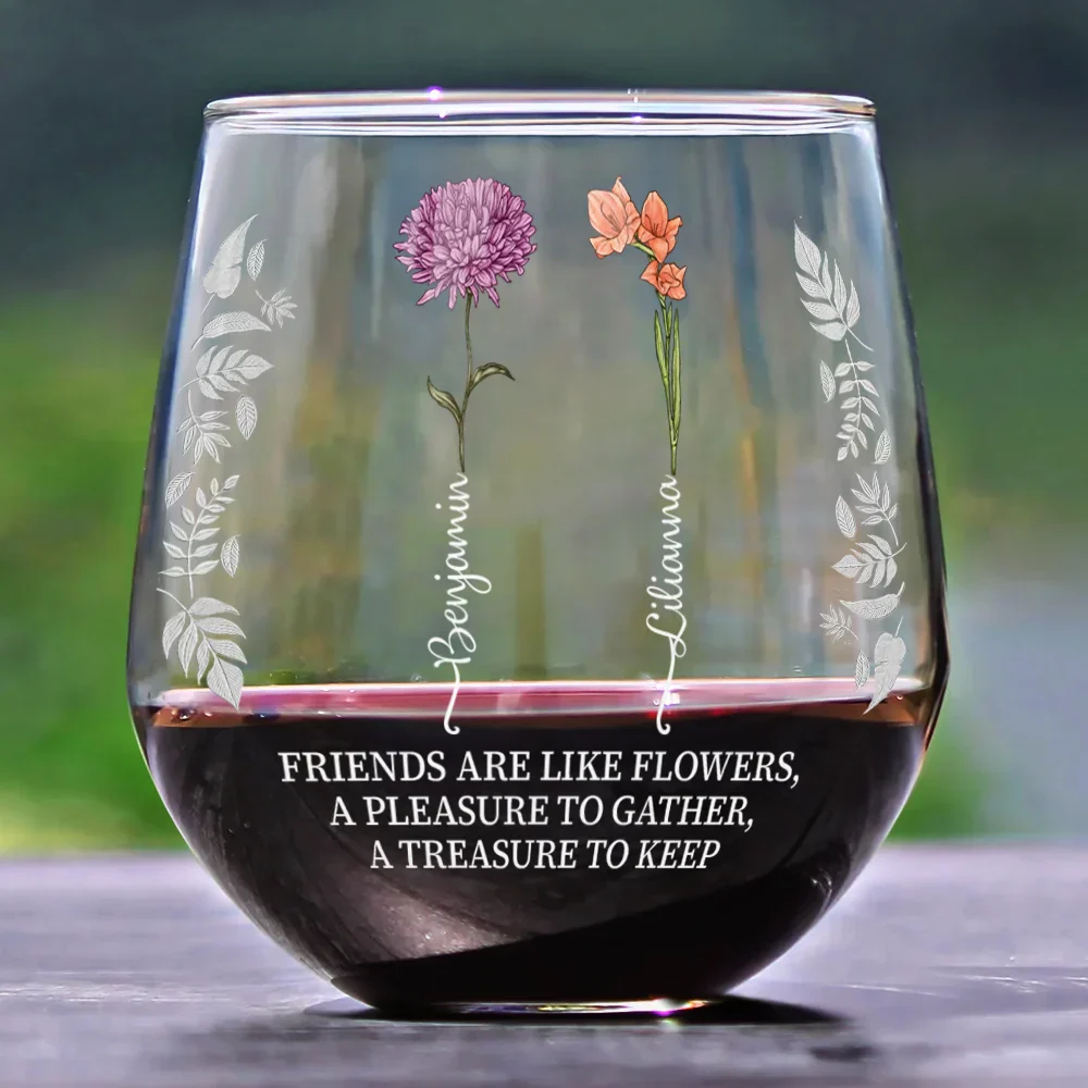 Birth Flower Grow An Old Friend Bestie - Personalized Stemless Wine Glass - Image 2