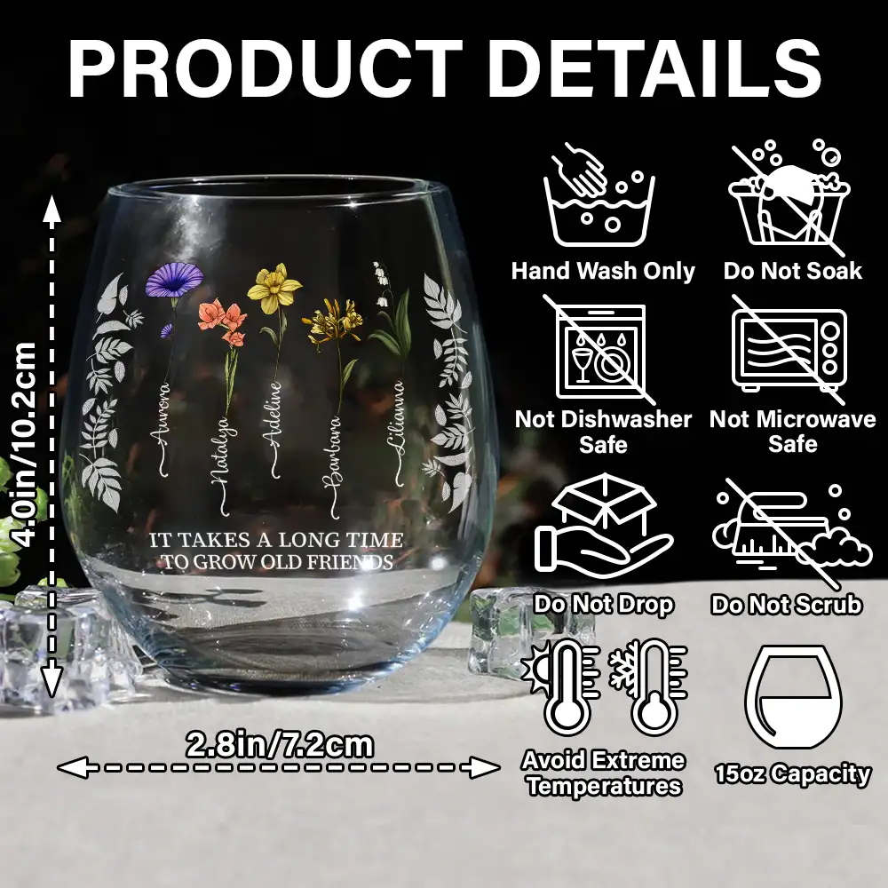 Birth Flower Grow An Old Friend Bestie - Personalized Stemless Wine Glass - Image 5