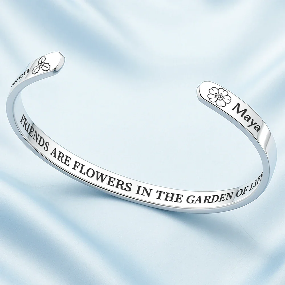 Birth Flower Grow An Old Friend - Personalized Bangle Bracelet Cuff - Image 3