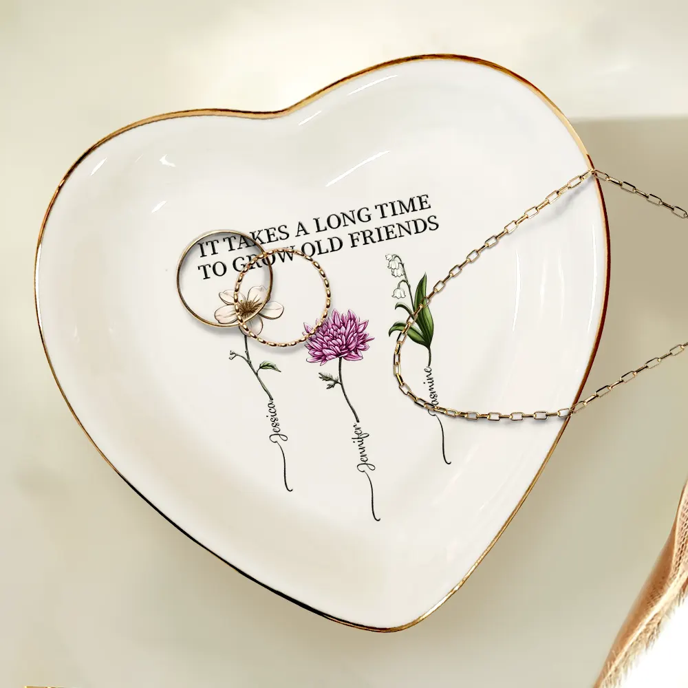 Birth Flower Grow An Old Friend - Personalized Heart Ring Dish - Image 4