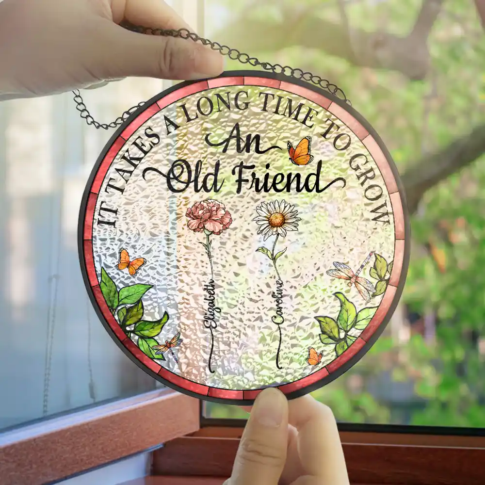 Birth Flower Grow An Old Friend - Personalized Stained Glass Window Hanging Suncatcher - Image 4