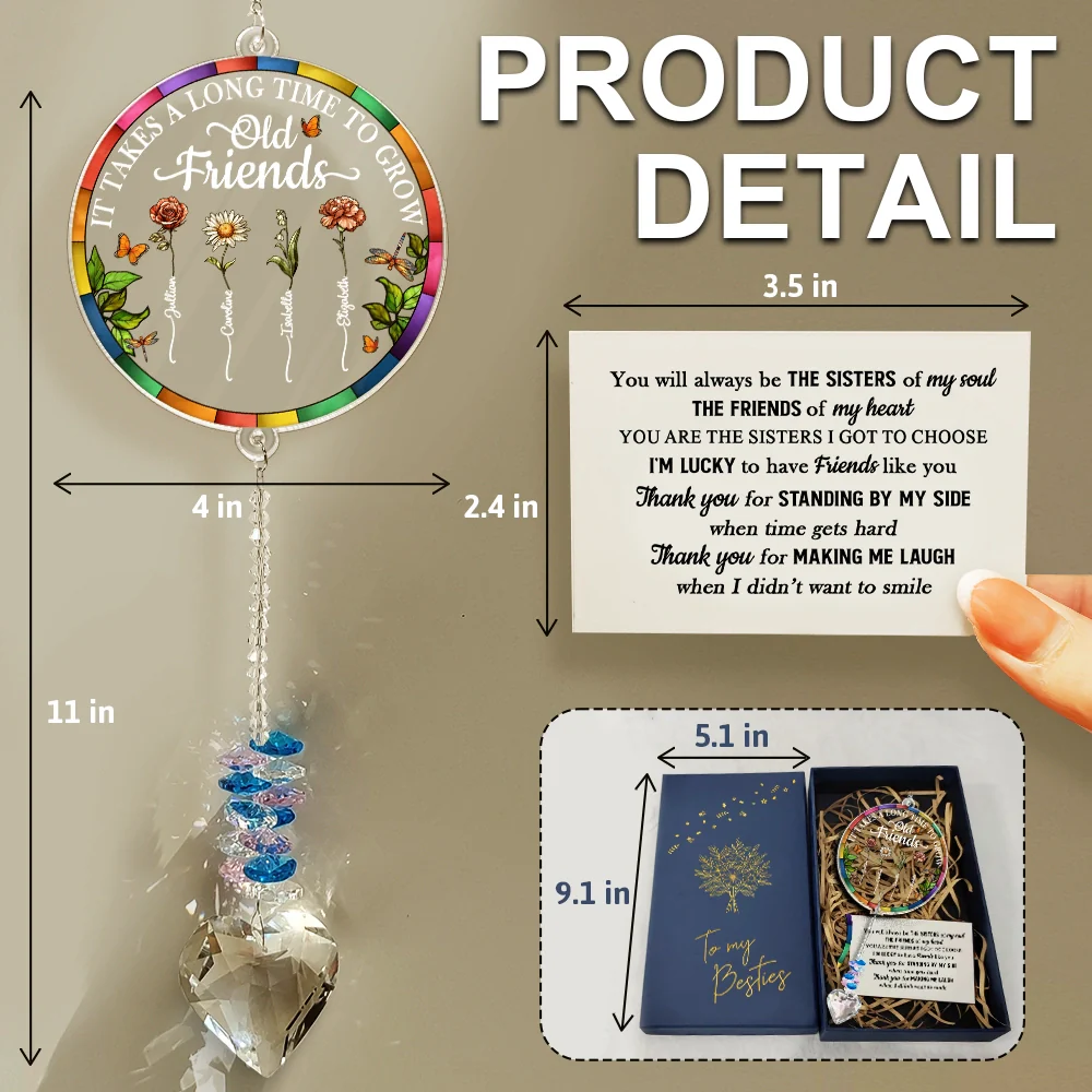Birth Flower Grow An Old Friend To My Bestie - Personalized Heart Crystal Suncatcher - Image 2