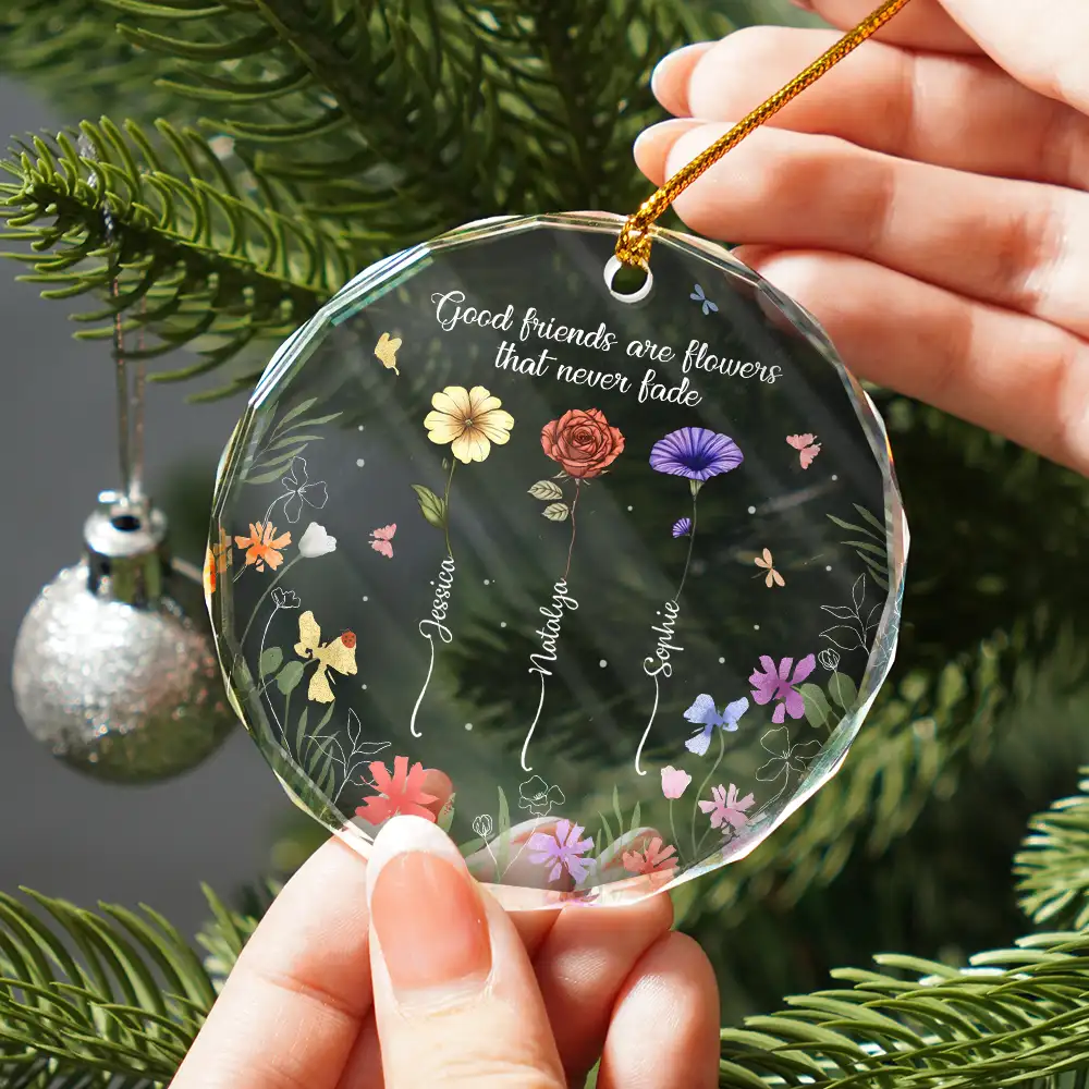 Birth Flower Grow Old Friends - Personalized Circle Glass Ornament - Image 2