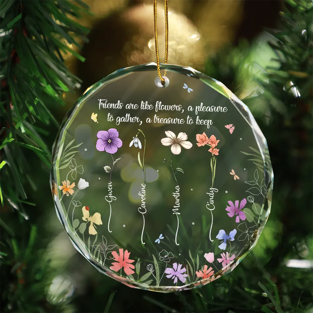 Birth Flower Grow Old Friends - Personalized Circle Glass Ornament - Image 3