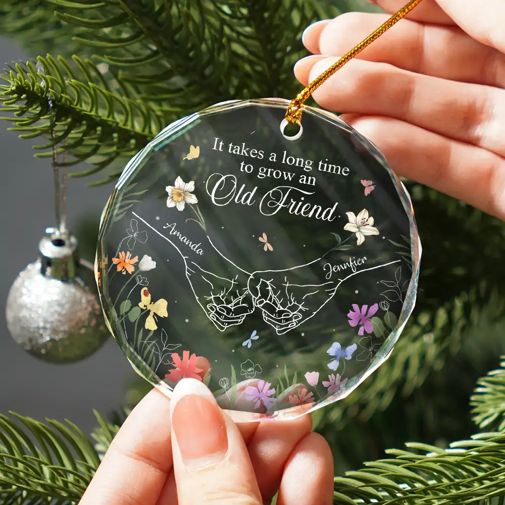 Birth Flower Hands Grow An Old Friend - Personalized Circle Glass Ornament - Image 2