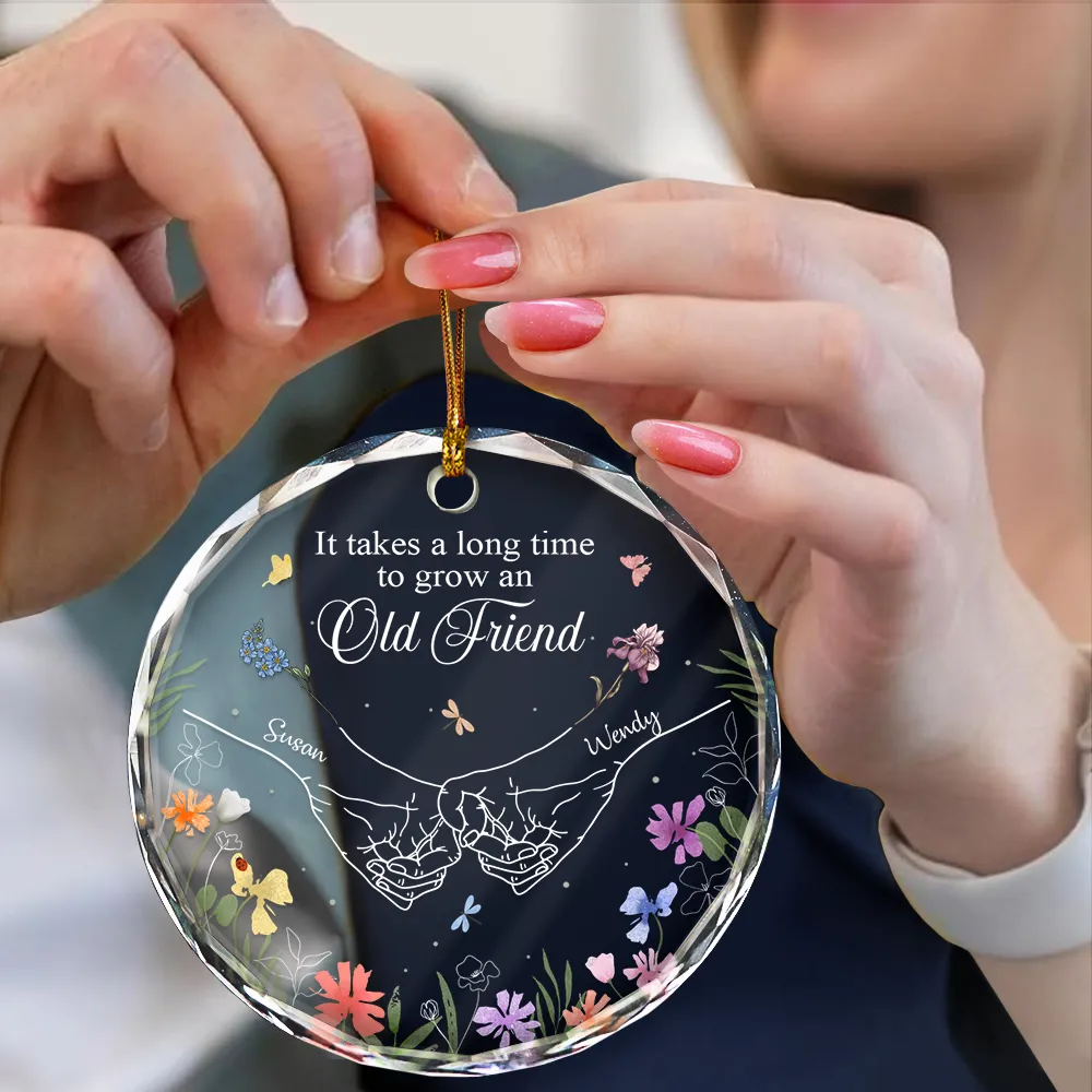 Birth Flower Hands Grow An Old Friend - Personalized Circle Glass Ornament - Image 4