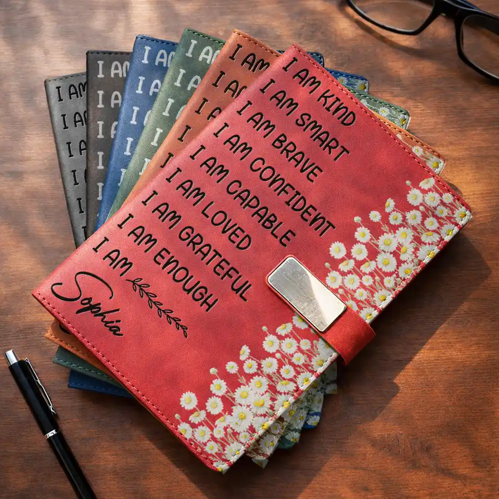 Birth Flower I Am Enough - Personalized Leather Notebook Set - Image 3