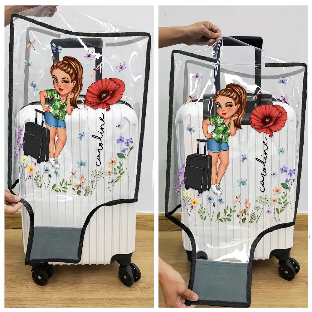 Birth Flower Just A Girl Who Loves Traveling - Personalized Clear Luggage Cover - Image 5