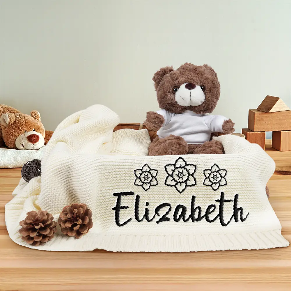 Birth Flower Line Art Custom Name - Personalized Embroidered Knitted Baby Blanket - Image 2