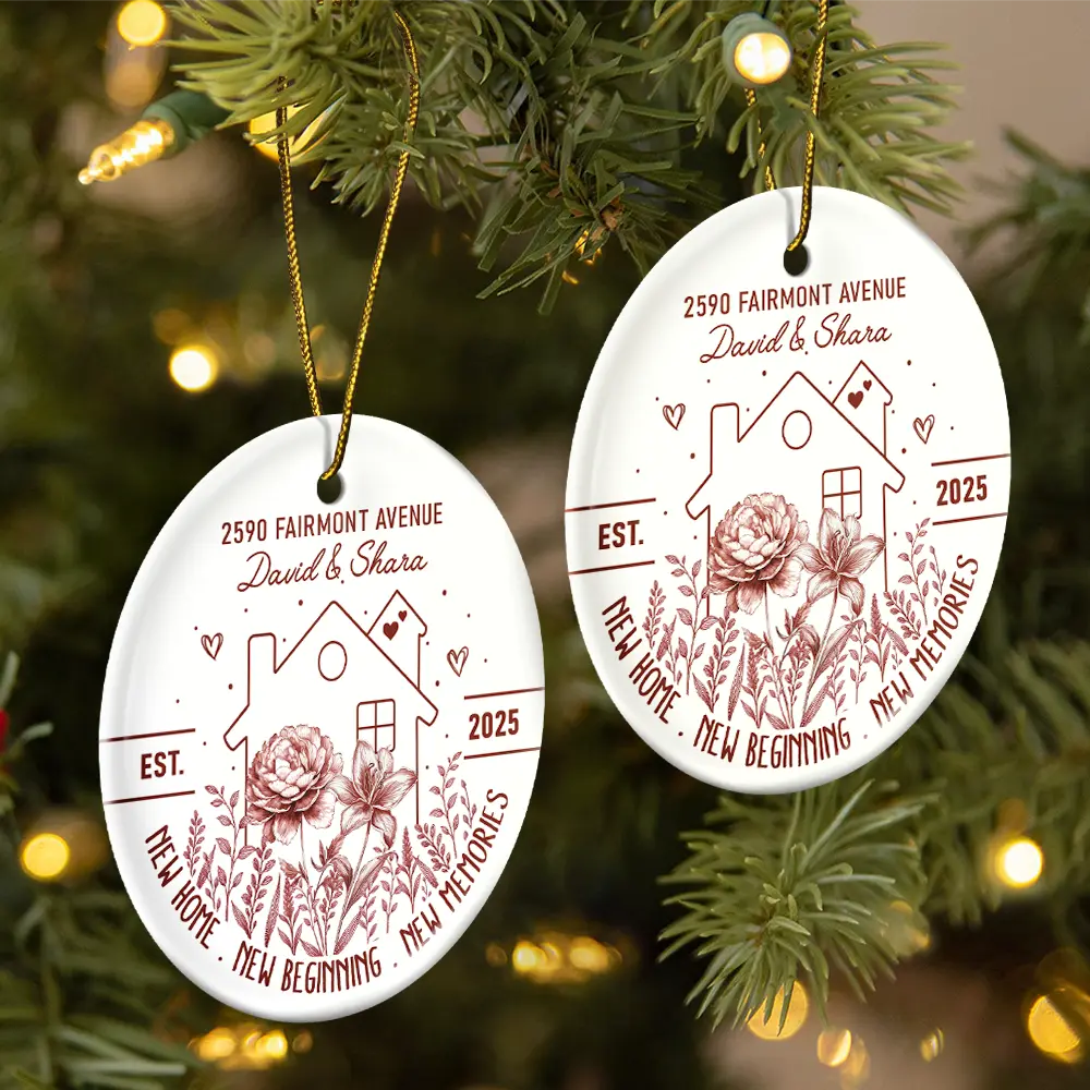 Birth Flower New Home New Beginning - Personalized Circle Ceramic Ornament - Image 3