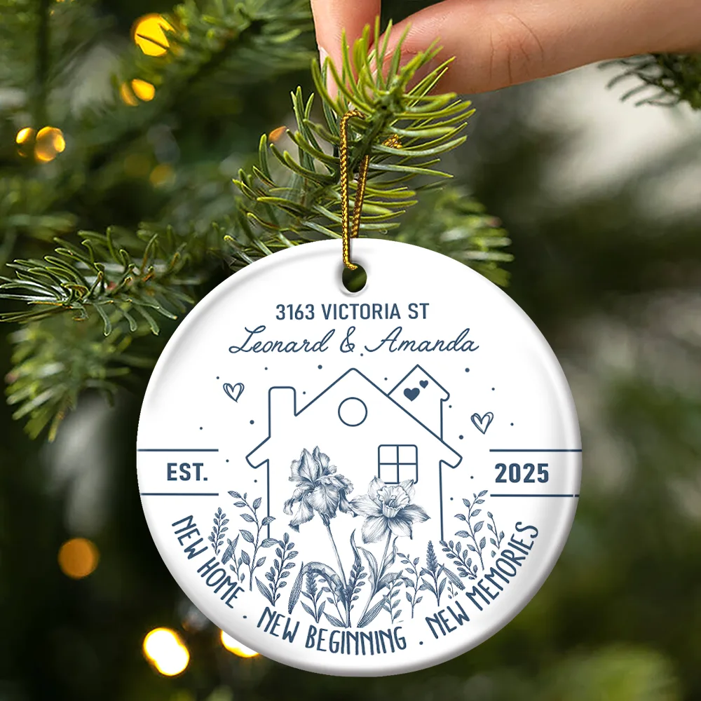 Birth Flower New Home New Beginning - Personalized Circle Ceramic Ornament - Image 4