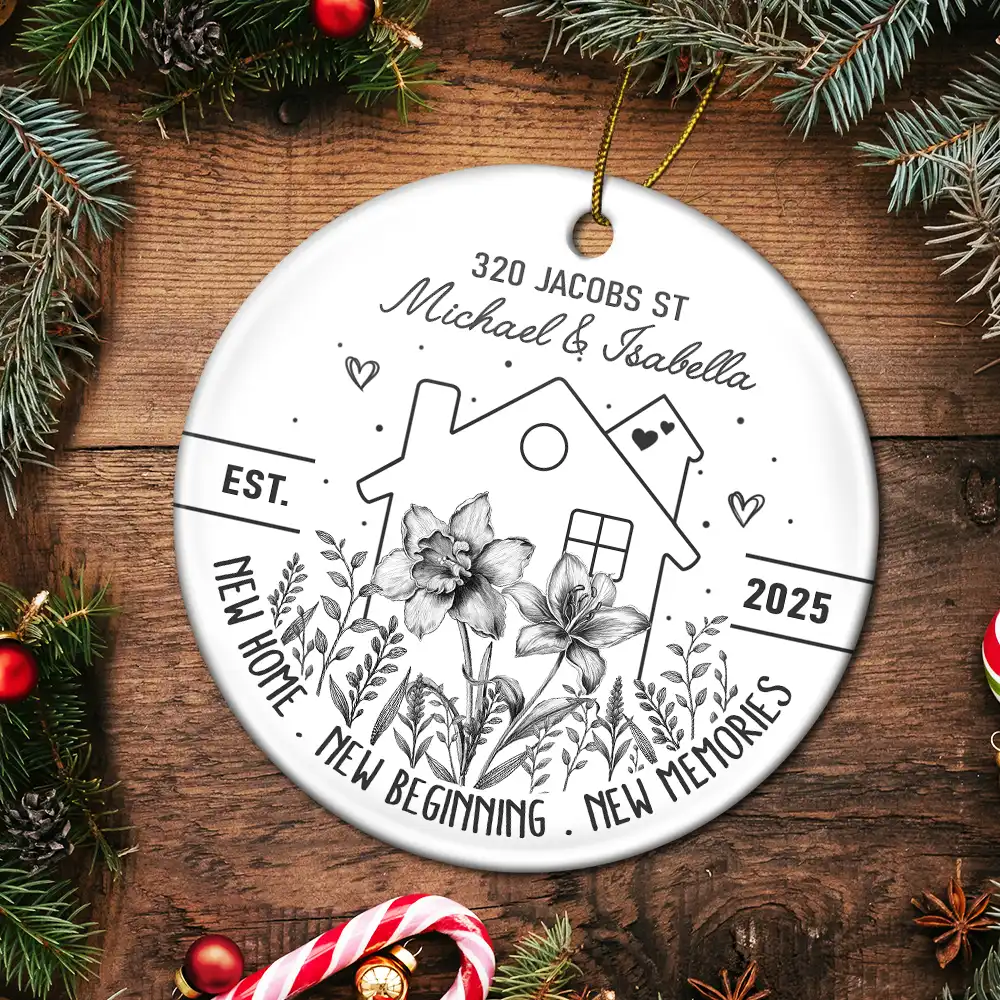 Birth Flower New Home New Beginning - Personalized Circle Ceramic Ornament - Image 6