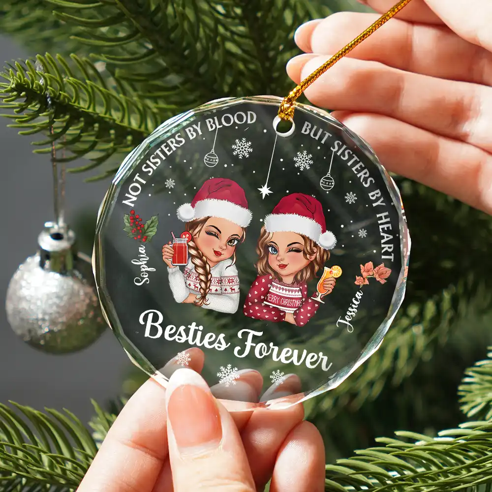 Birth Flower Not Sisters By Blood But Sisters By Heart - Personalized Circle Glass Ornament - Image 2