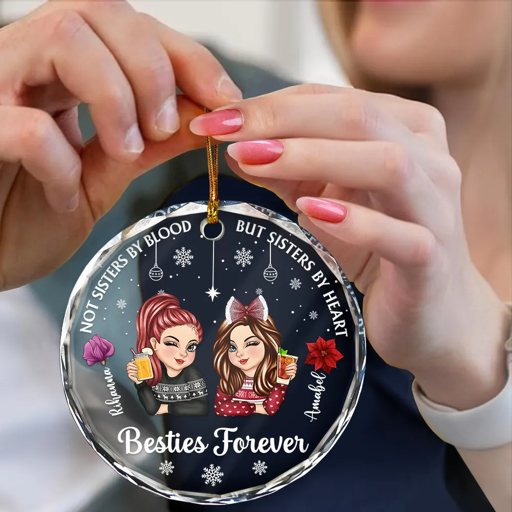 Birth Flower Not Sisters By Blood But Sisters By Heart - Personalized Circle Glass Ornament - Image 4