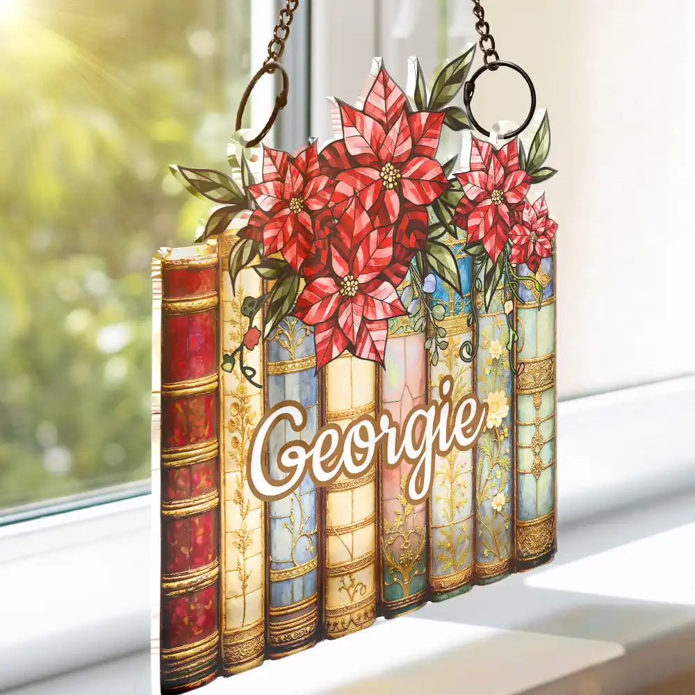 Birth Flower Reading Book Stack Stained Glass Effect - Personalized Window Hanging Suncatcher Ornament - Image 3