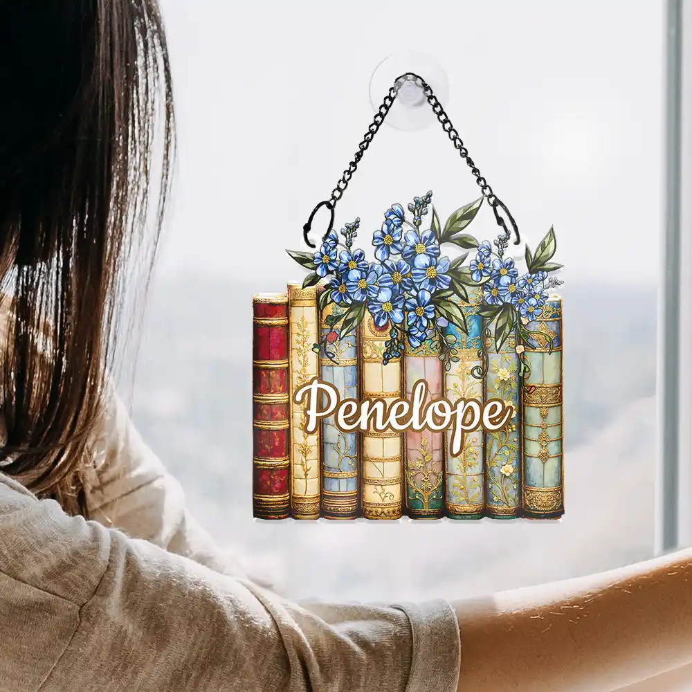 Birth Flower Reading Book Stack Stained Glass Effect - Personalized Window Hanging Suncatcher Ornament - Image 4