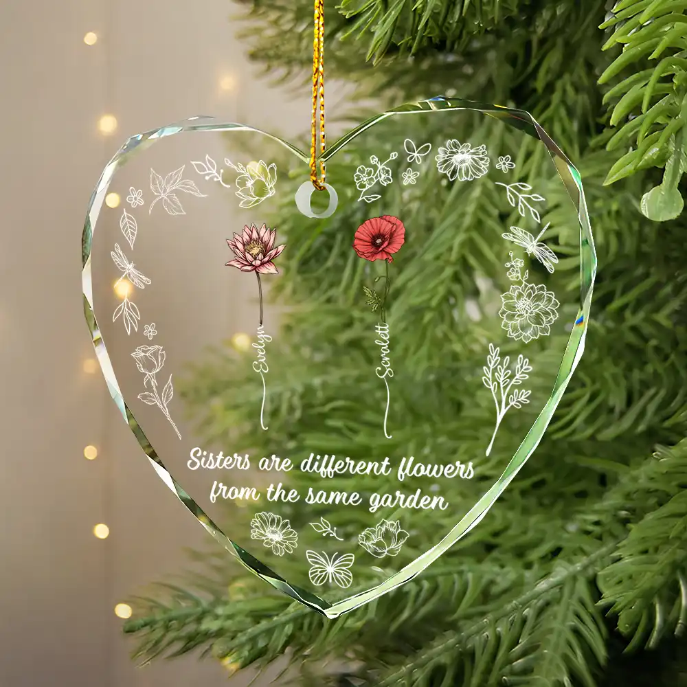 Birth Flower Sisters Are Different Flowers - Personalized Glass Ornament - Image 4