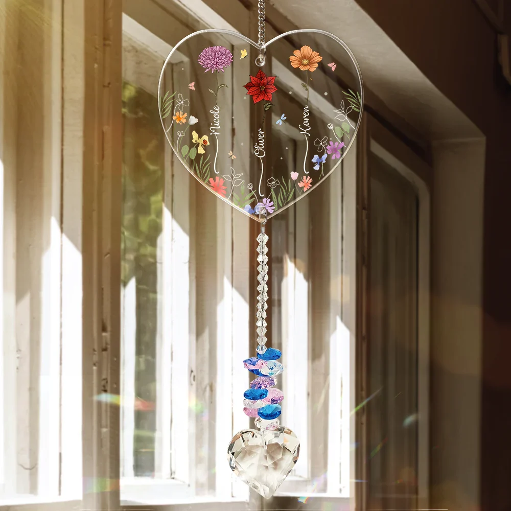 Birth Flower Sisters Besties From The Same Garden - Personalized Heart Crystal Suncatcher - Image 3