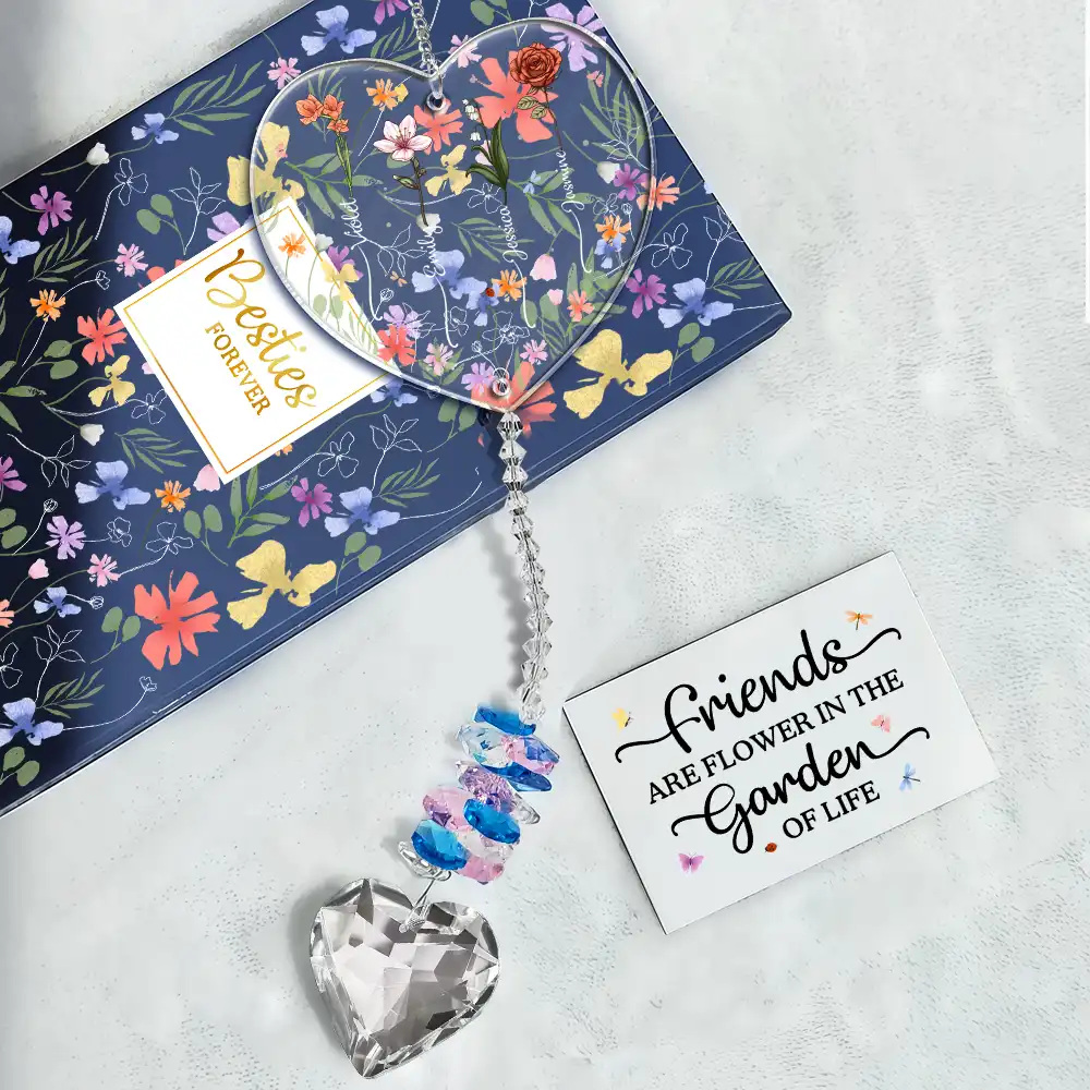 Birth Flower Sisters Besties From The Same Garden - Personalized Heart Crystal Suncatcher - Image 5