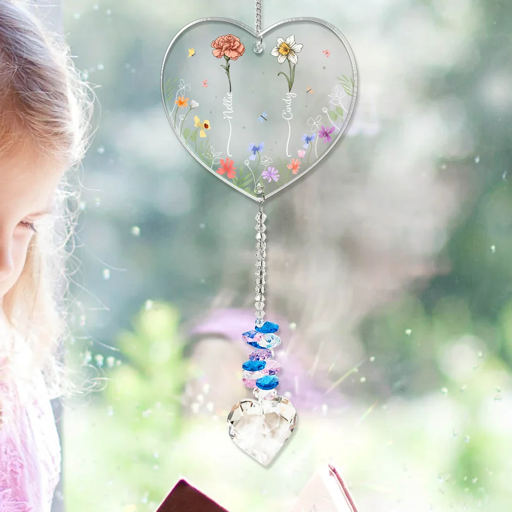 Birth Flower Sisters Besties From The Same Garden - Personalized Heart Crystal Suncatcher - Image 6