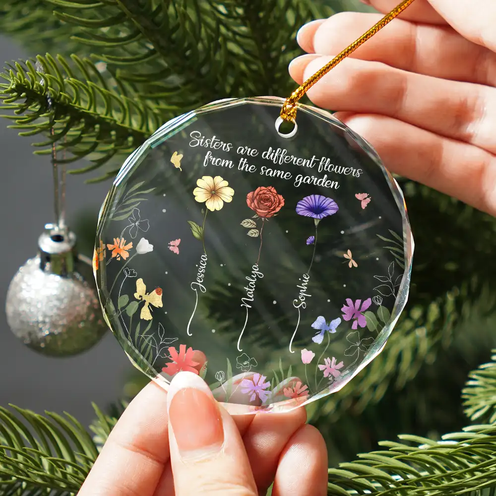 Birth Flower Sisters From The Same Garden - Personalized Circle Glass Ornament - Image 2