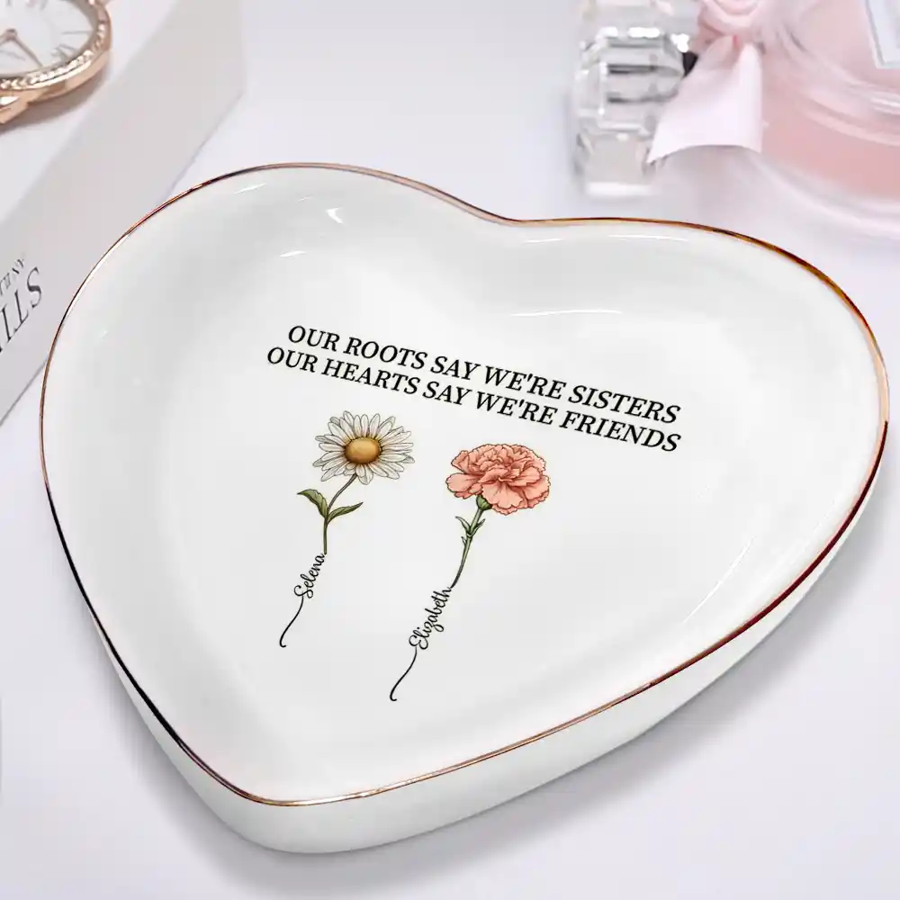 Birth Flower Sisters From The Same Garden - Personalized Heart Ring Dish - Image 2