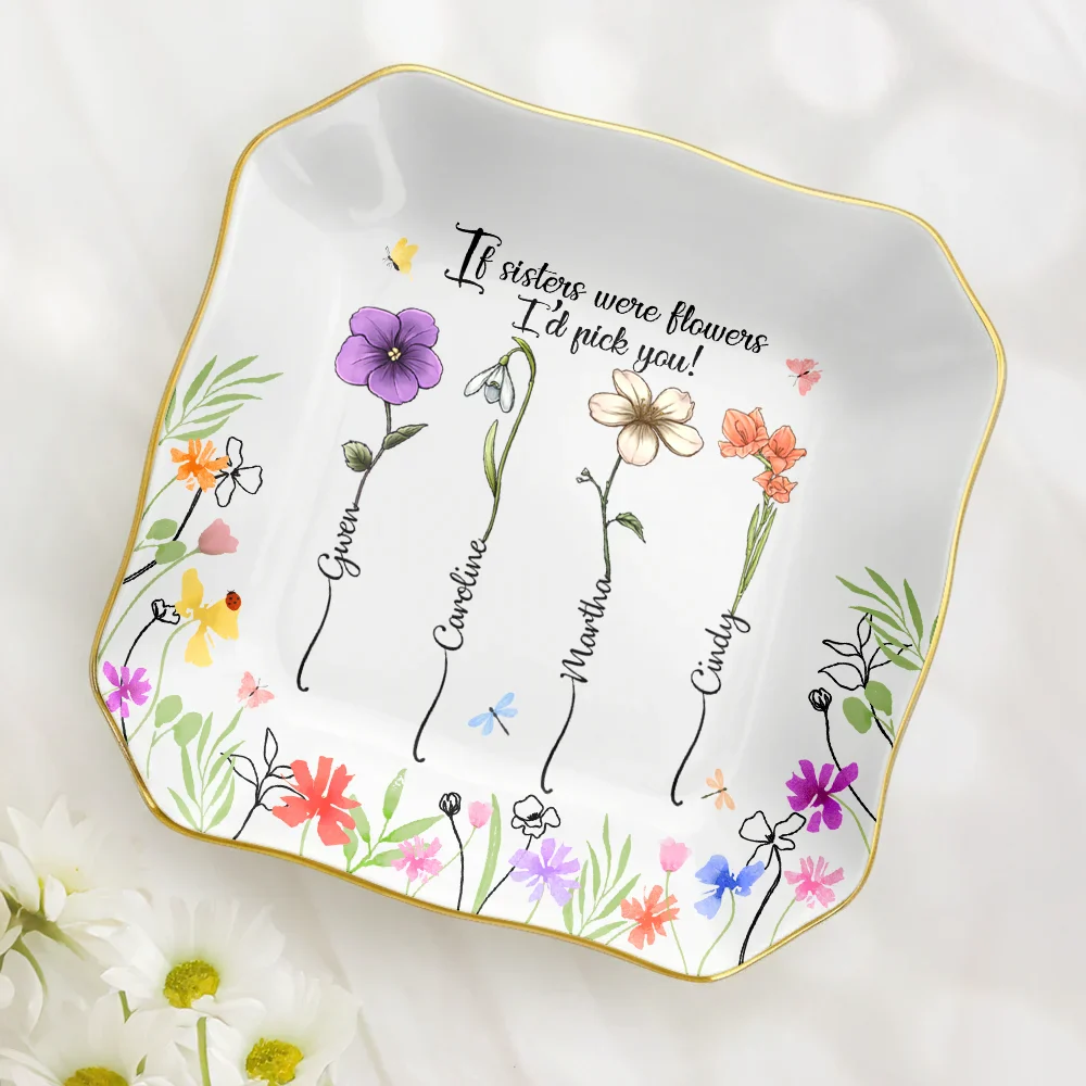 Birth Flower Sisters From The Same Garden - Personalized Lace Square Jewelry Dish - Image 2