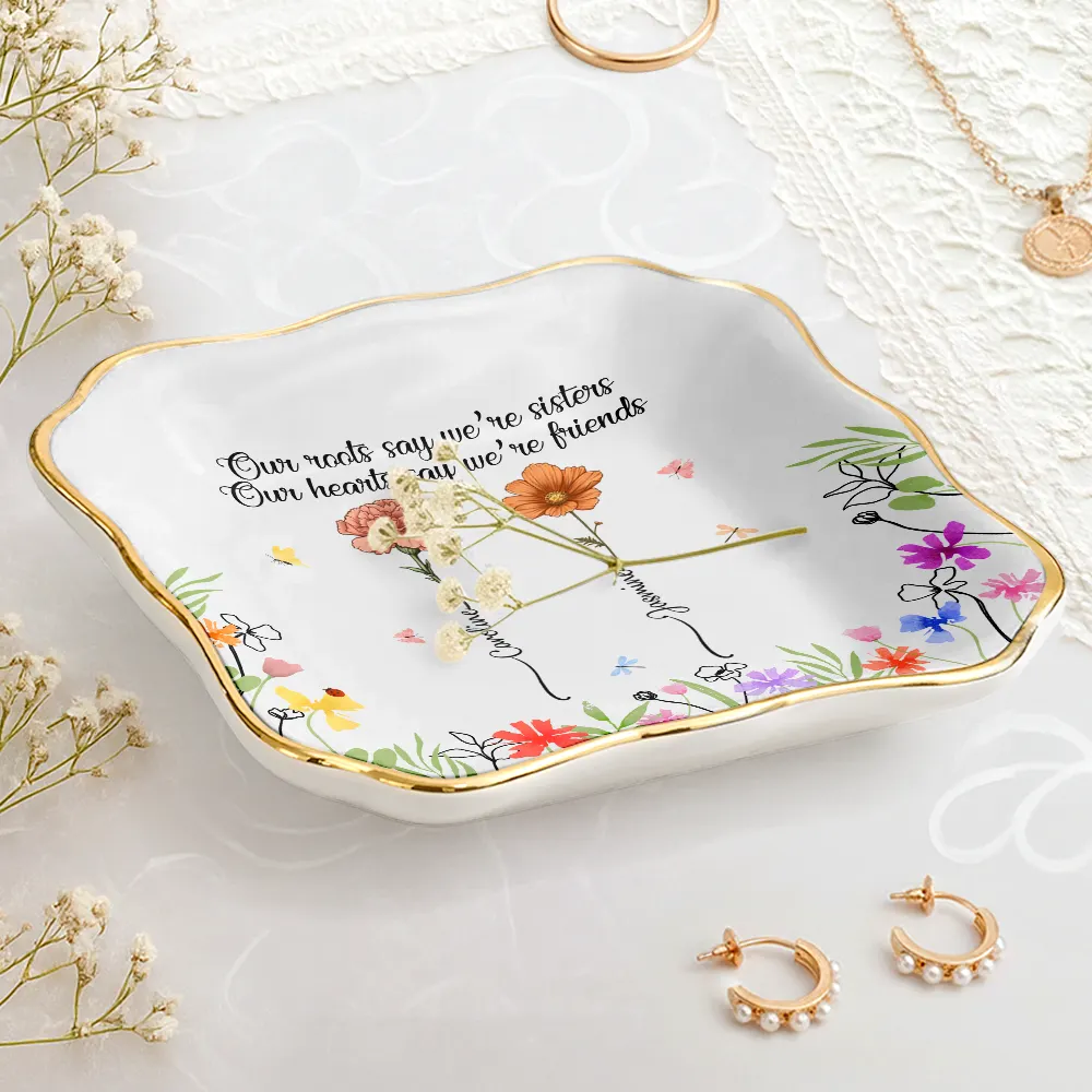 Birth Flower Sisters From The Same Garden - Personalized Lace Square Jewelry Dish - Image 3