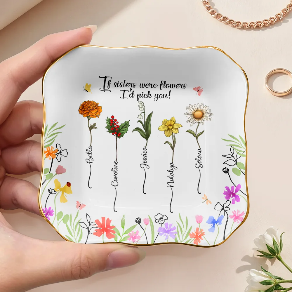 Birth Flower Sisters From The Same Garden - Personalized Lace Square Jewelry Dish - Image 4