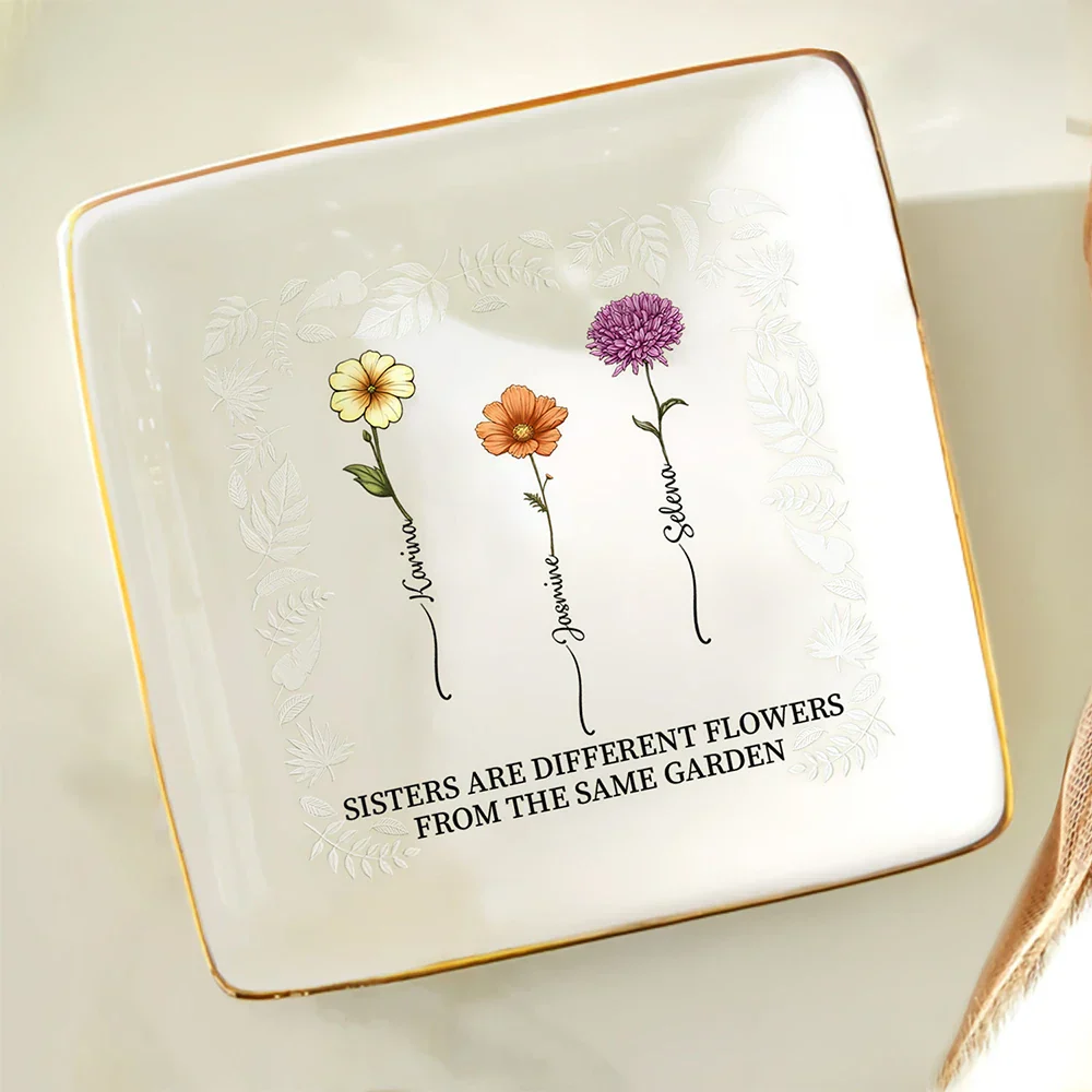 Birth Flower Sisters From The Same Garden - Personalized Ring Dish