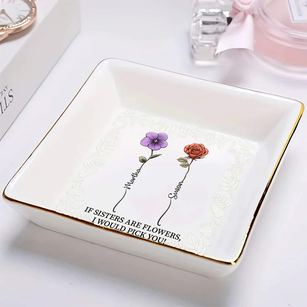 Birth Flower Sisters From The Same Garden - Personalized Ring Dish - Image 2