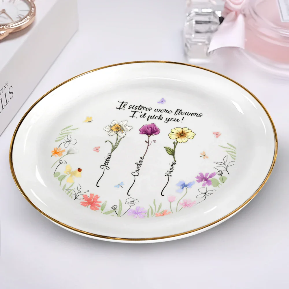Birth Flower Sisters From The Same Garden - Personalized Round Ring Dish - Image 2