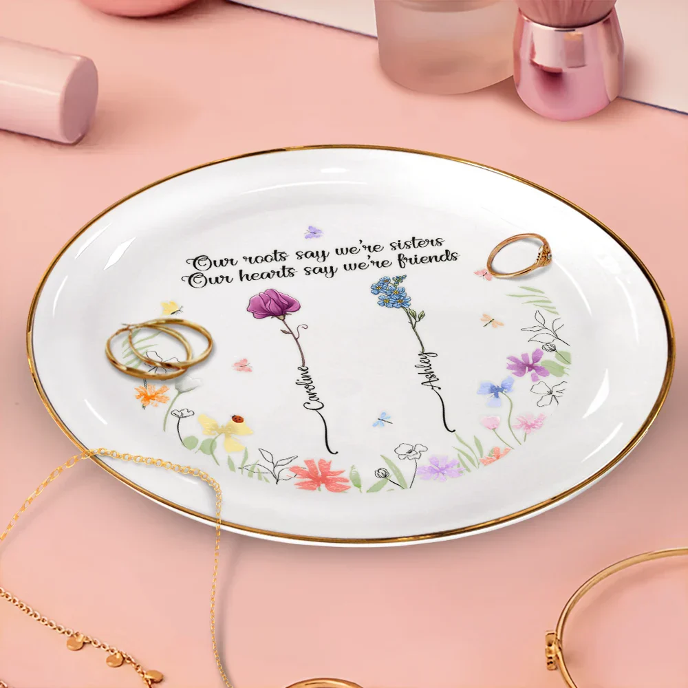 Birth Flower Sisters From The Same Garden - Personalized Round Ring Dish - Image 3