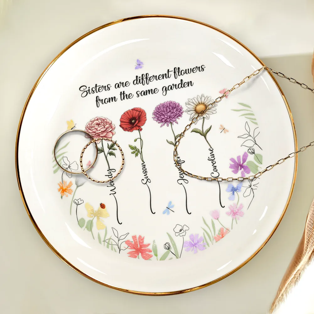 Birth Flower Sisters From The Same Garden - Personalized Round Ring Dish - Image 4