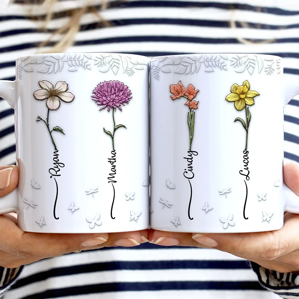 Birth Flowers For Mom, Grandma, Besties - 3D Embossed Effect Printed Mug, Personalized White Edge-to-Edge Mug - Image 2