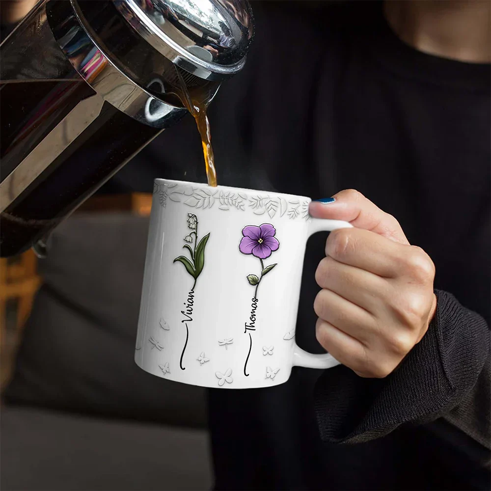 Birth Flowers For Mom, Grandma, Besties - 3D Embossed Effect Printed Mug, Personalized White Edge-to-Edge Mug - Image 4