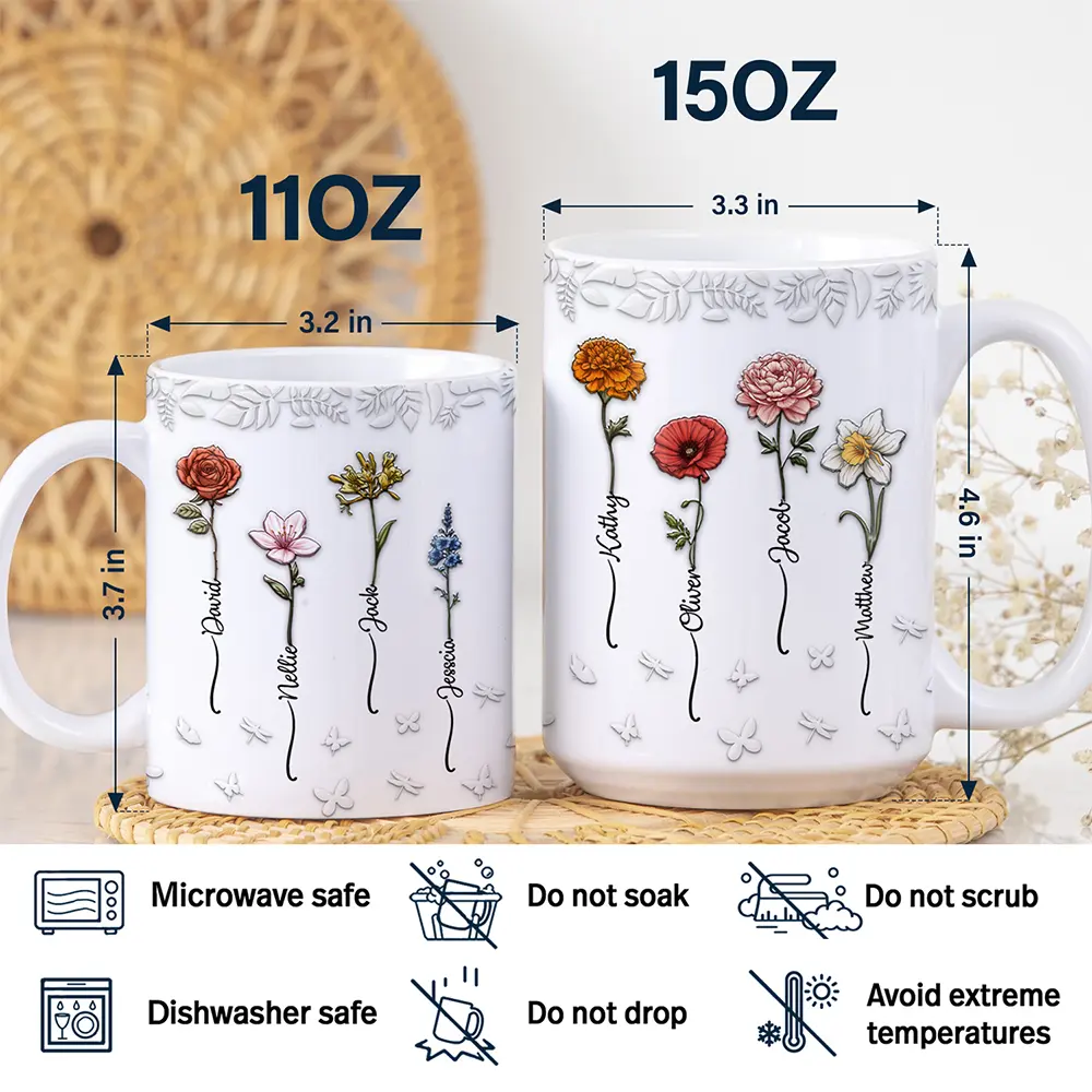 Birth Flowers For Mom, Grandma, Besties - 3D Embossed Effect Printed Mug, Personalized White Edge-to-Edge Mug - Image 5